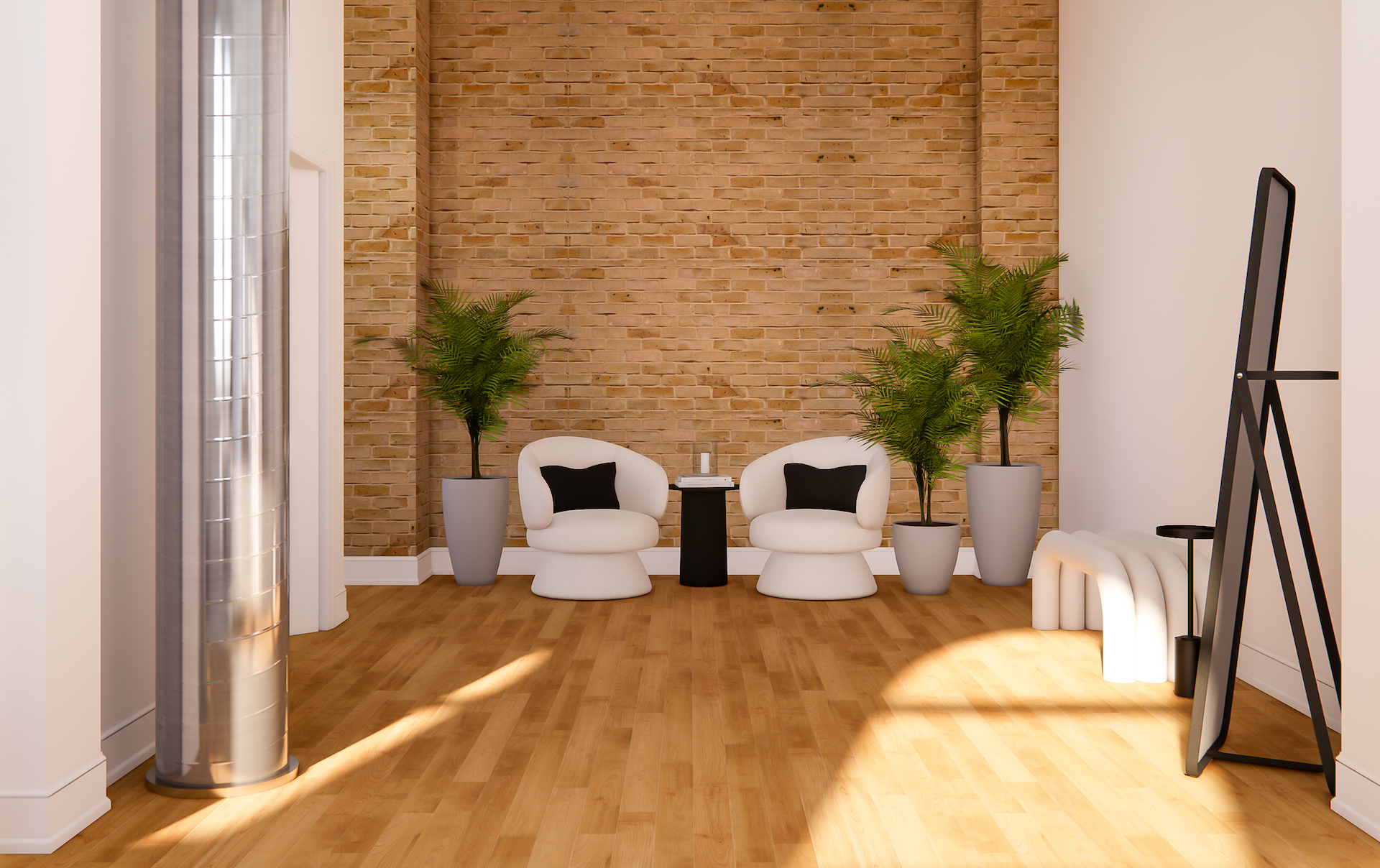 photography studio space with yellow brick wall hardwood floors and white armchairs